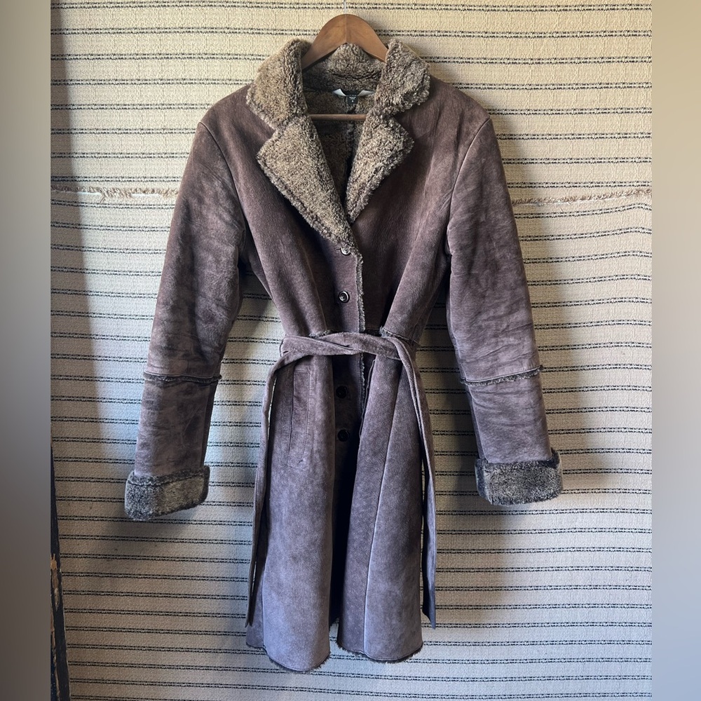 Vintage Express Brown 100% Suede Leather Trench Coat with Faux Fur Lining